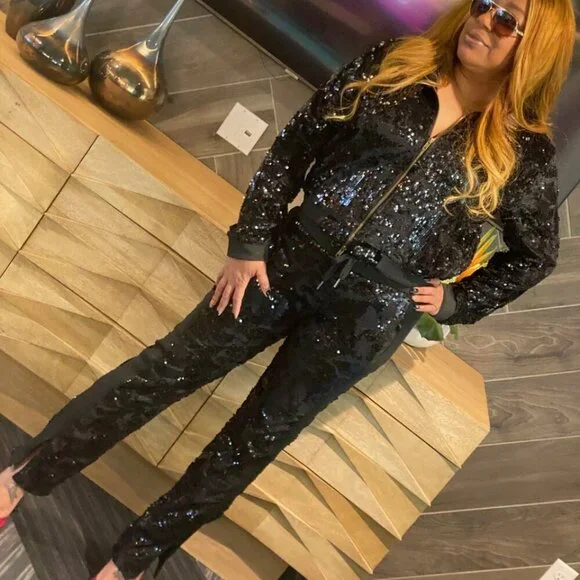 Ladies Black Sequin Dressy Track Suit Set - 
(Small) -  ONE REMAINING - Picture 3 of 6